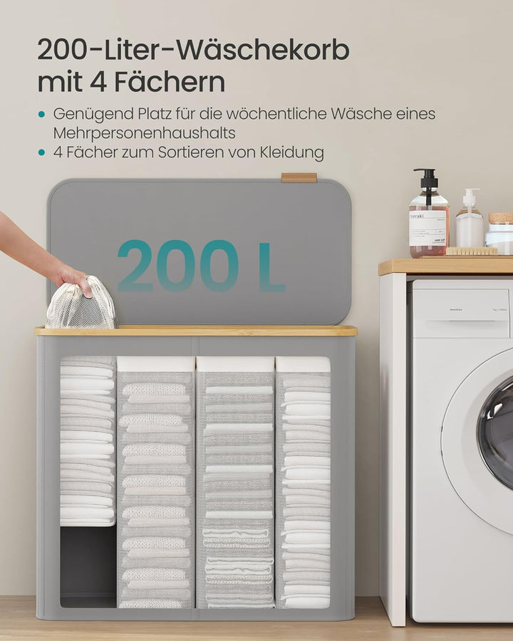 SONGMICS Wäschekorb mit Deckel, Wäschesammler mit 4 Fächern, 200 L, herausnehmbarer Wäschesack, Oxfo