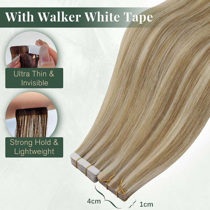 Ugeat Tape Extensions Echthaar Goldblond Highlights 35 cm Natürlich Remy Tape in Extensions Echthaar