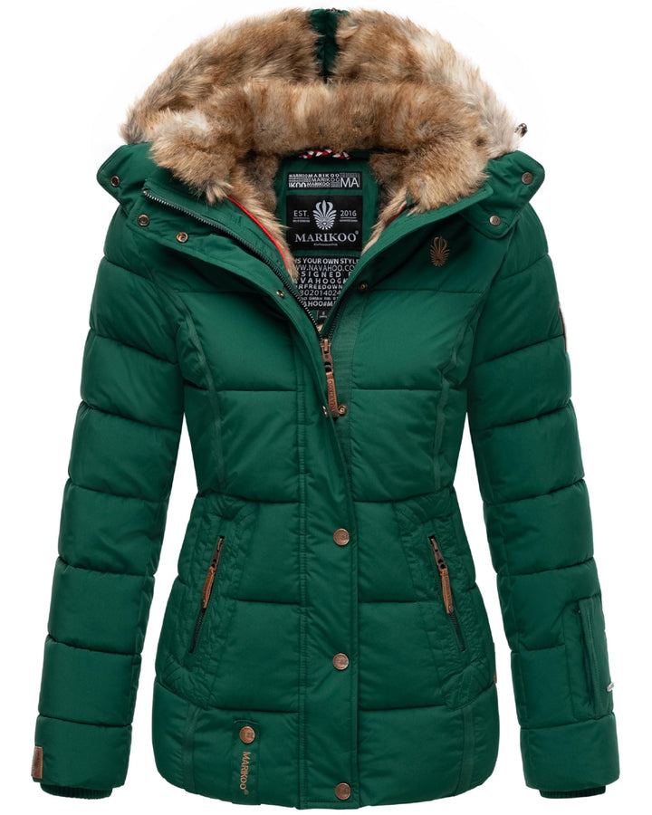 MARIKOO Damen Winterjacke warme Steppjacke mit Kunstfell Innenfutter Nekoo XS-3XL 3XL Evergreen, 3XL