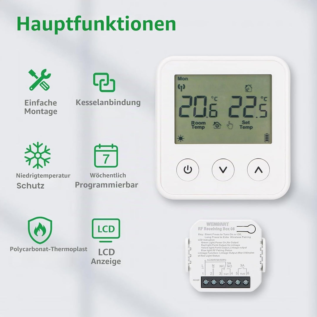 Wengart Wireless Thermostat &amp; Empfänger WG01RF, Programmierbares LCD-Display Arbeiten für Strahlende