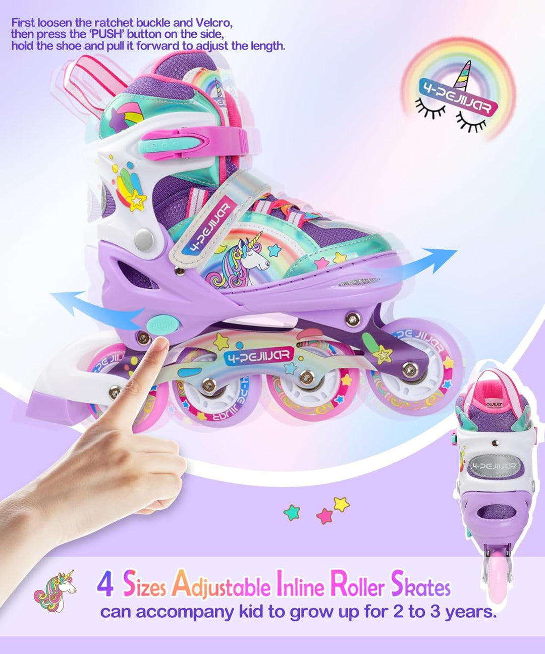 Einhorn Inliner für Mädchen Kinder Grössen Verstellbar Mit Allen Leuchtenden Rädern Regenbogen Inlin