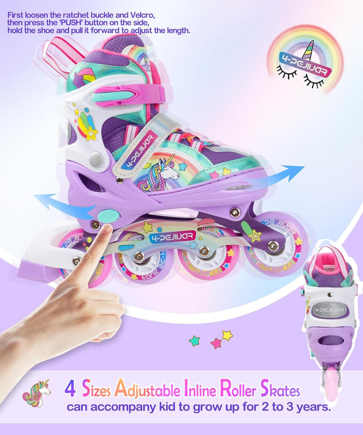 Einhorn Inliner für Mädchen Kinder Grössen Verstellbar Mit Allen Leuchtenden Rädern Regenbogen Inlin