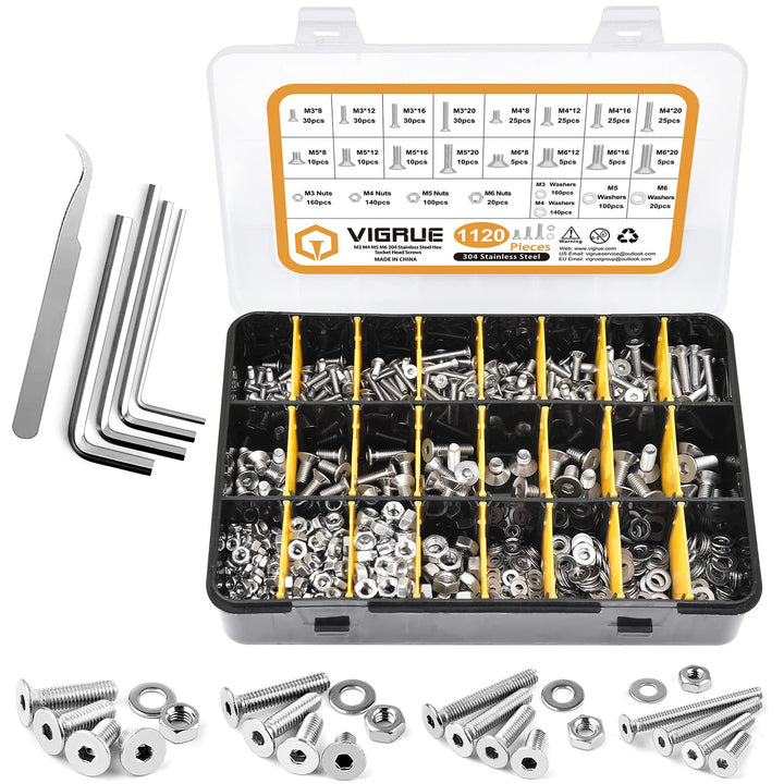 VIGRUE 1120PCS M3 M4 M5 M6 Senkkopfschrauben mit Innensechskant Hex flach-Knopf Schraube Set A2-70Ed