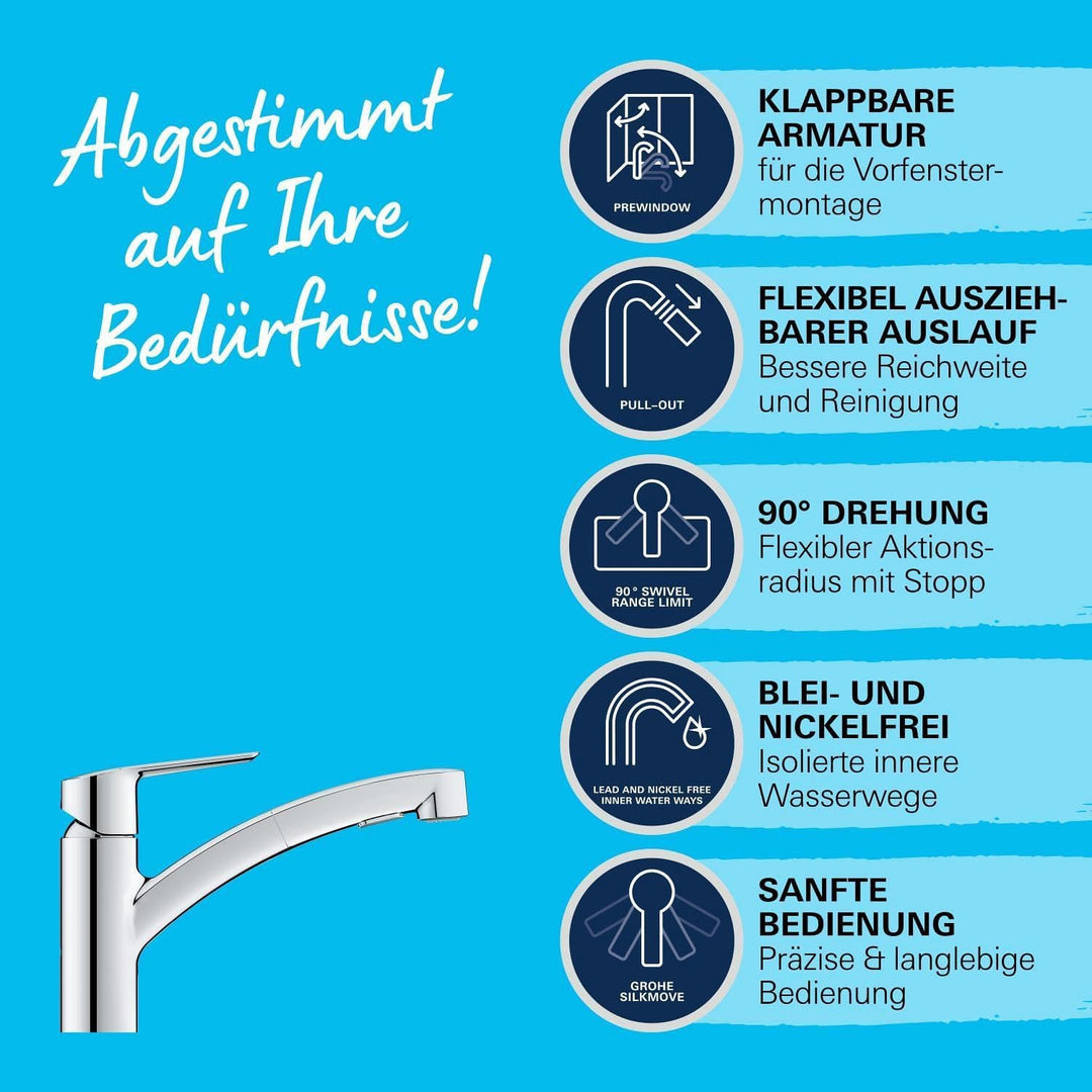 GROHE Start, Küchenarmatur für Vor-Fenster-Montage, 2 Strahlarten (Wasserhahn Küchen mit herausziehb