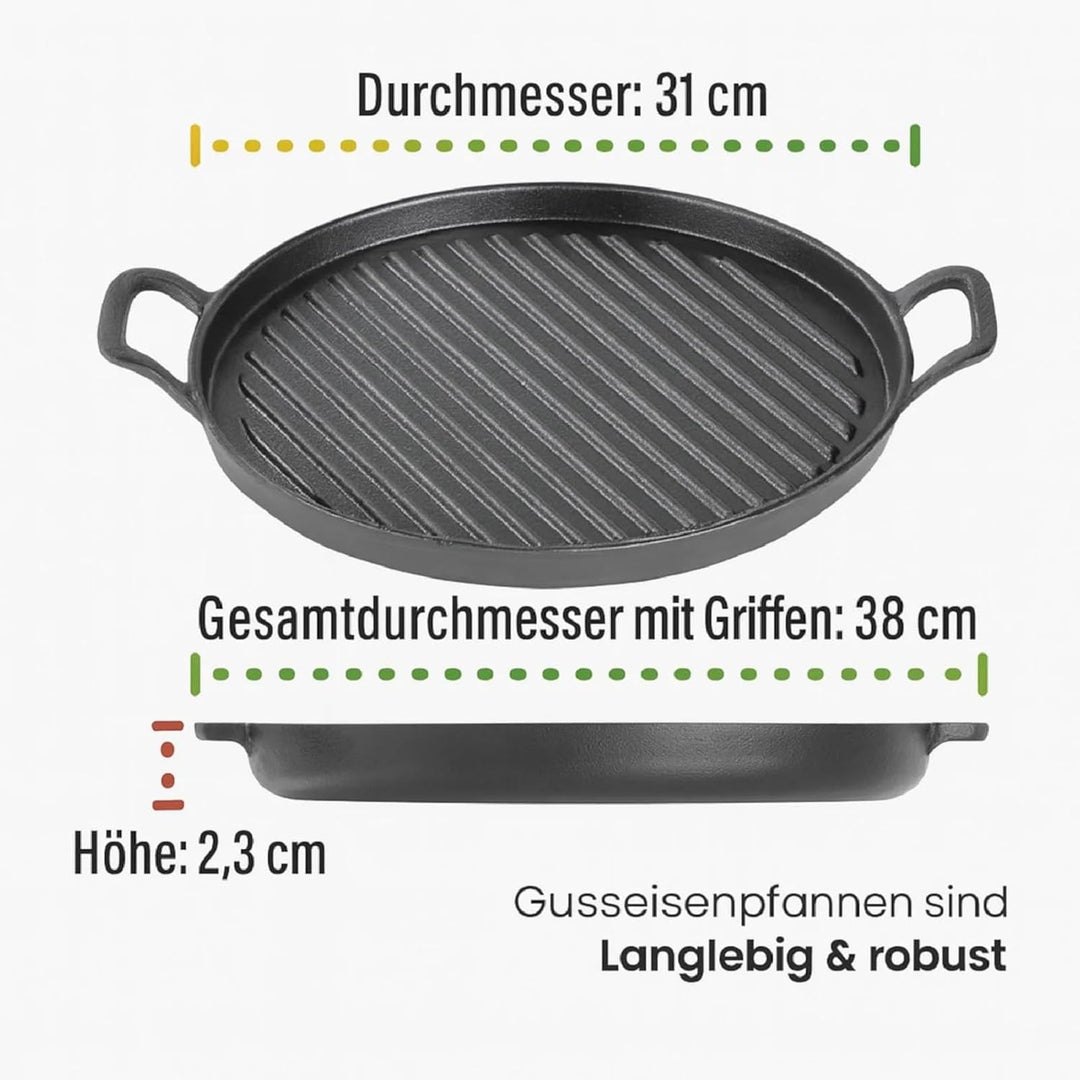 2 STK Gusseisenpfanne Rund D 31 cm, Grillplatte Länge 40 mit Griffe | Runde Servierpfanne und Grillp