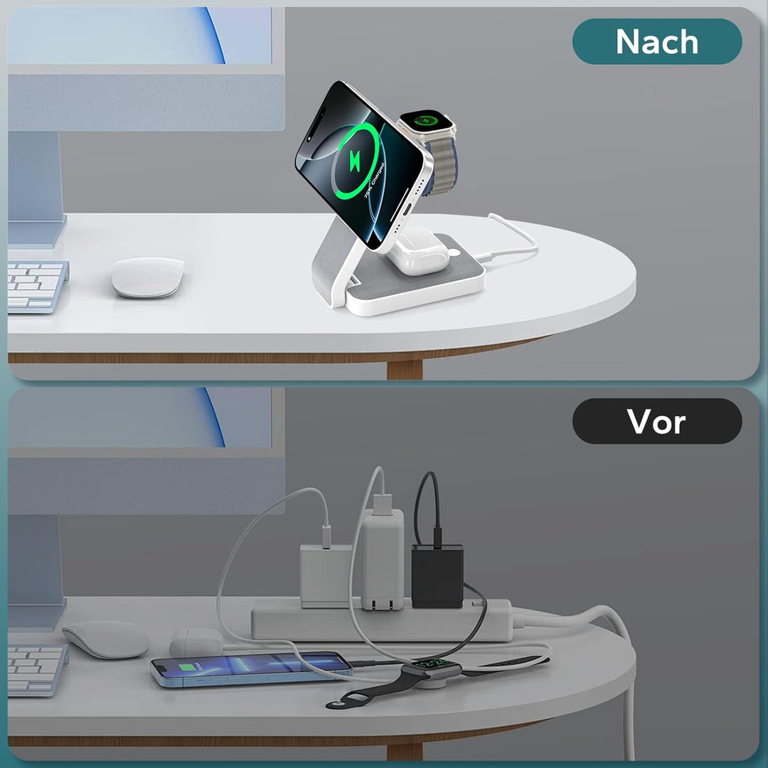 Eazpower Magsafe Ladestation für Apple Watch und iPhone 3 In 1 Faltbar, Kabellose iPhone Ladestation