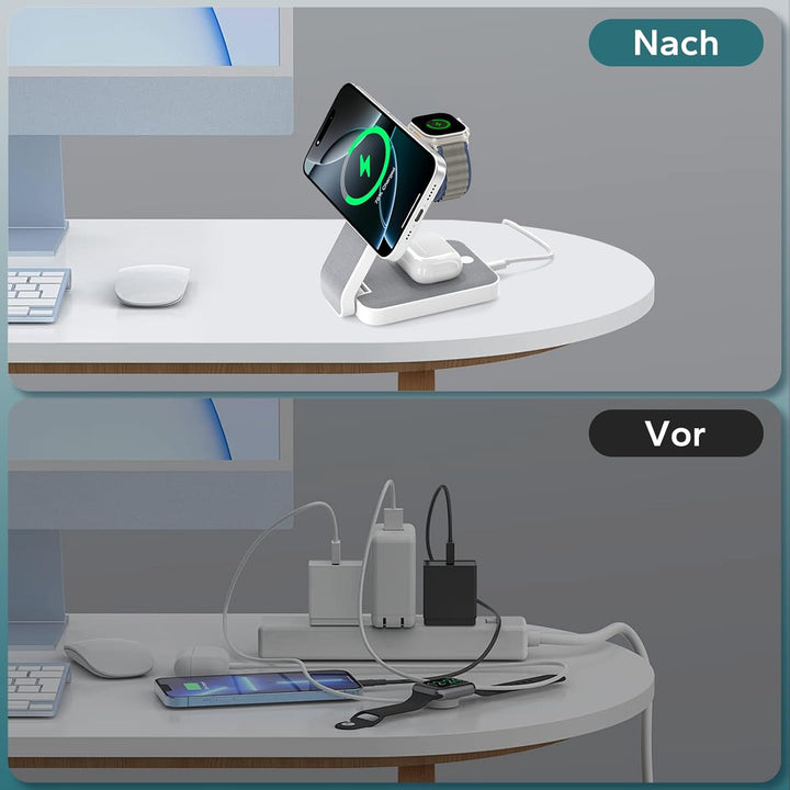 Eazpower Magsafe Ladestation für Apple Watch und iPhone 3 In 1 Faltbar, Kabellose iPhone Ladestation