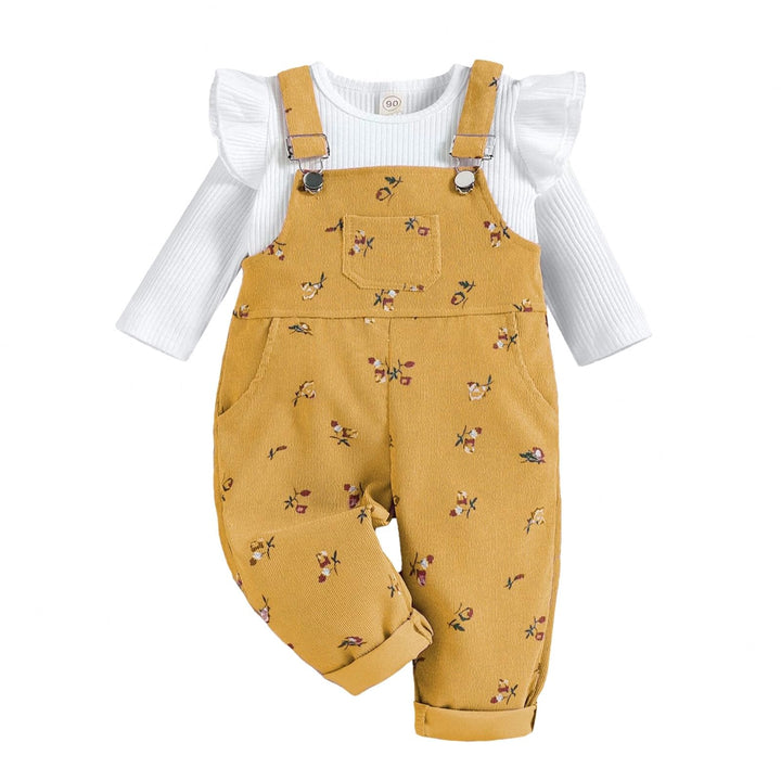 Baby Mädchen Kleidung Rippstrick Langärmelig Oberteile Blumenmuster Hosenträgerhose mit Tasche Outfi