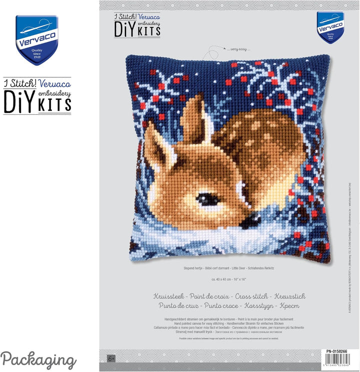 Vervaco Kreuzstichkissen Schlafendes Rehkitz Kreuzstichpackung, Stramin, Weiss, 40 x 40 x 0,3 cm
