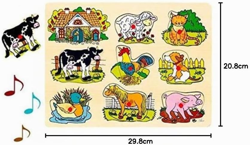 goki 57895 – Steckpuzzle Sound Bauernhof, mit Tierstimmen - 8 Teile - aus Holz