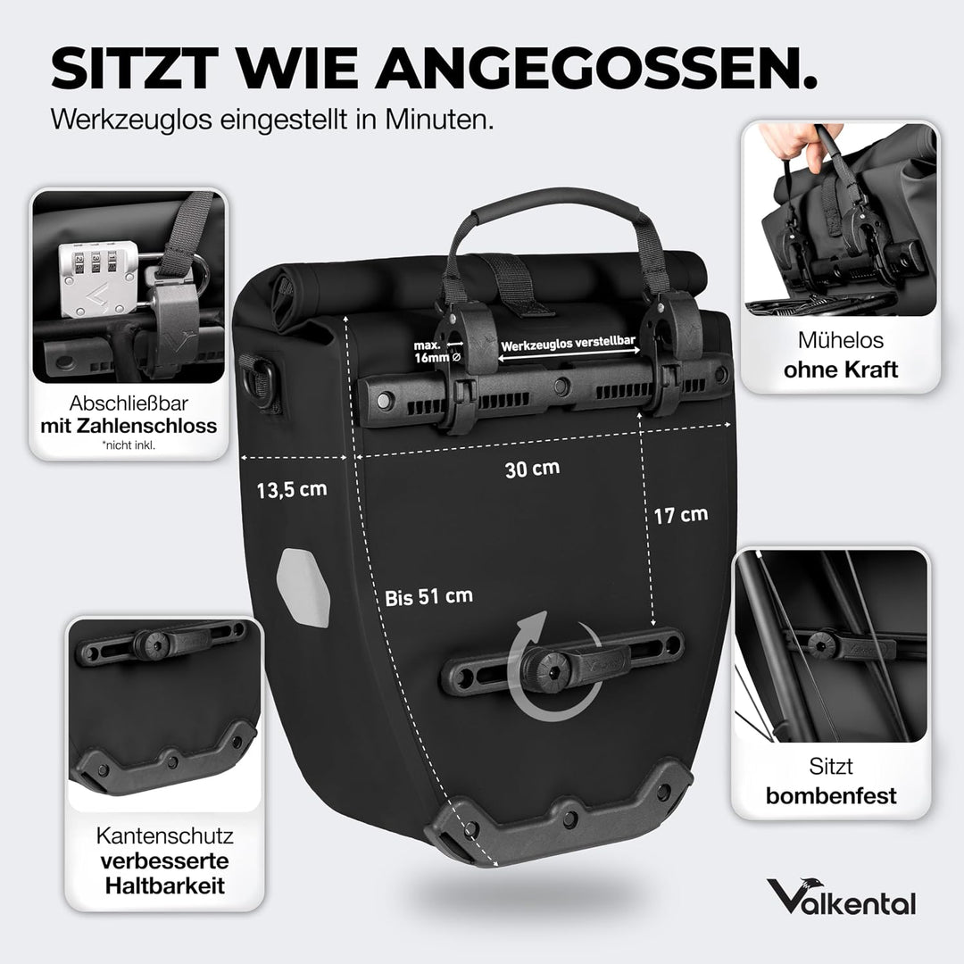 Valkental - Grosse &amp; wasserdichte Gepäckträgertasche - 20L Füllvolumen - Fahrradtasche für Gepäckträ