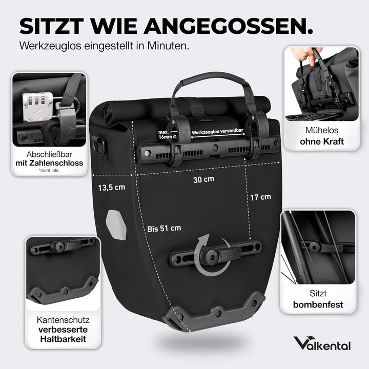 Valkental - Grosse &amp; wasserdichte Gepäckträgertasche - 20L Füllvolumen - Fahrradtasche für Gepäckträ