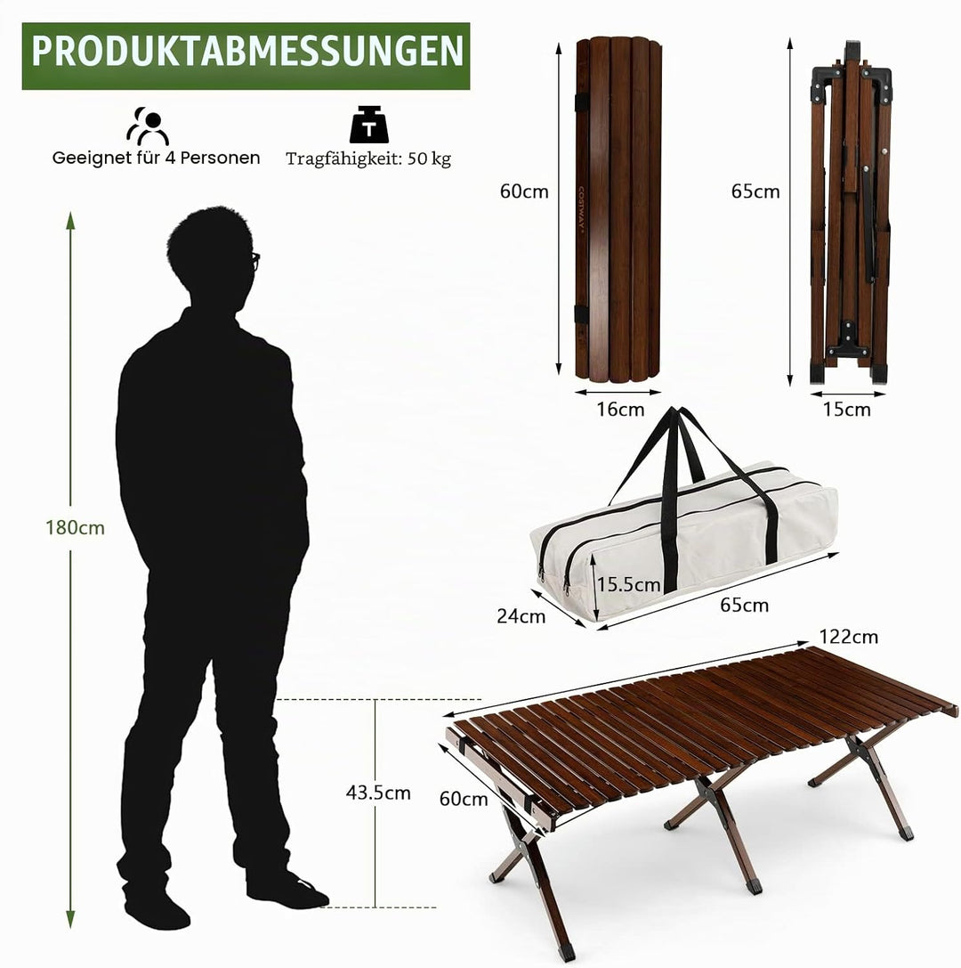 KOMFOTTEU Campingtisch faltbar aus Bambus, Picknicktisch klappbar mit Tragetasche, Klapptisch tragba
