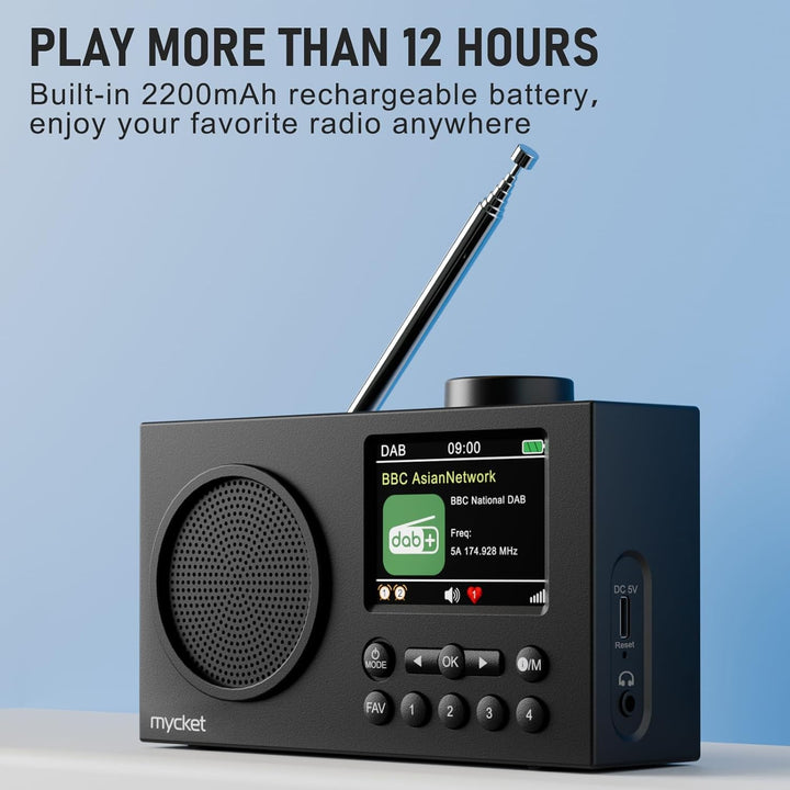Mycket Tragbares DAB/DAB+ Radio, UKW Digitalradio mit Bluetooth, Kleines Wiederaufladbares Radio, 2,