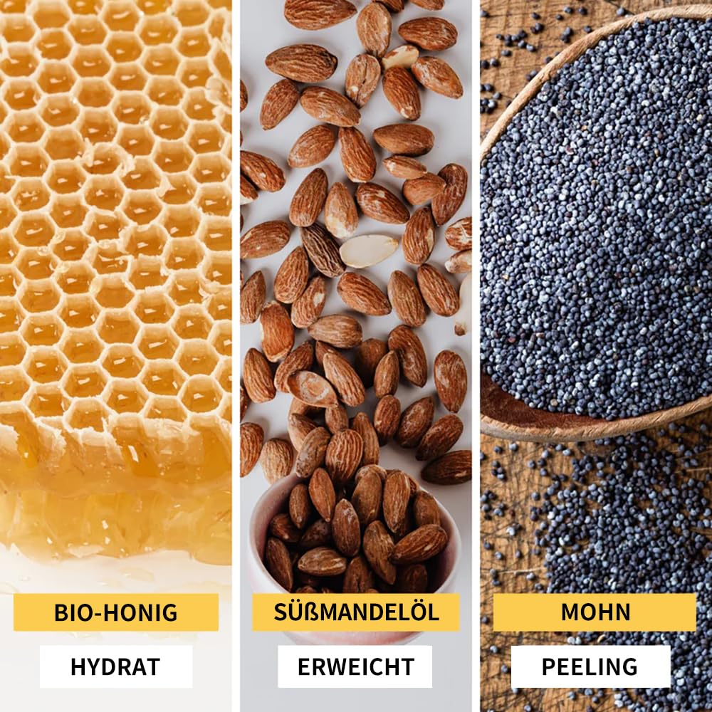 Bee Nature - Peeling Handschuh Grau & Seife Stück mit Seifenschale - Bio-Honig - Feuchtigkeitsspende