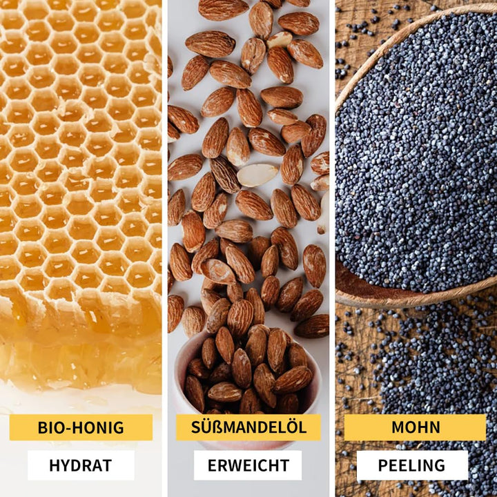Bee Nature - Peeling Handschuh Grau & Seife Stück mit Seifenschale - Bio-Honig - Feuchtigkeitsspende