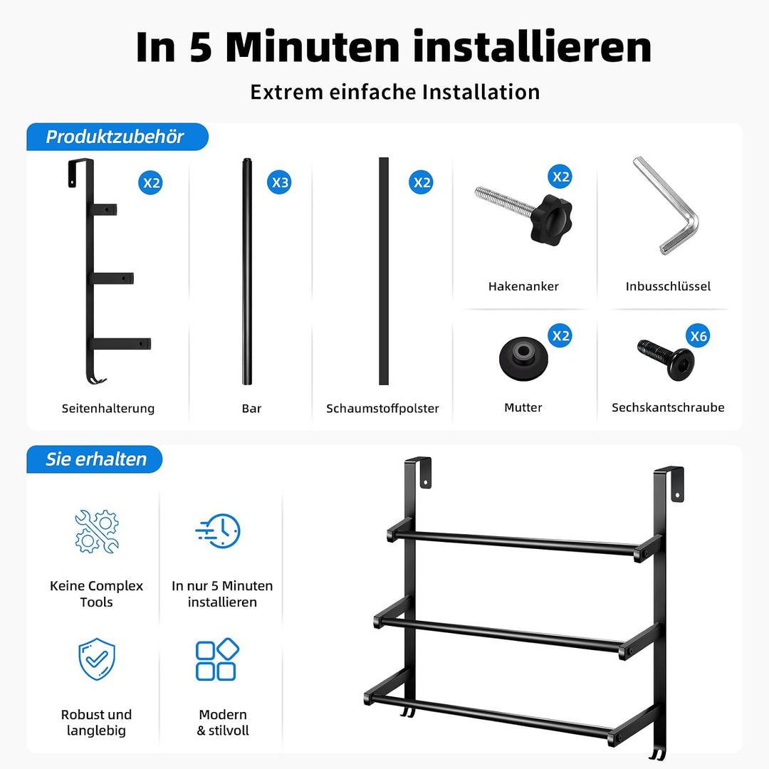 Mittimiya Handtuchhalter Ohne Bohren, 38-65cm Ausziehbarer Handtuchhalter Tür, Edelstahl 3-stöckige