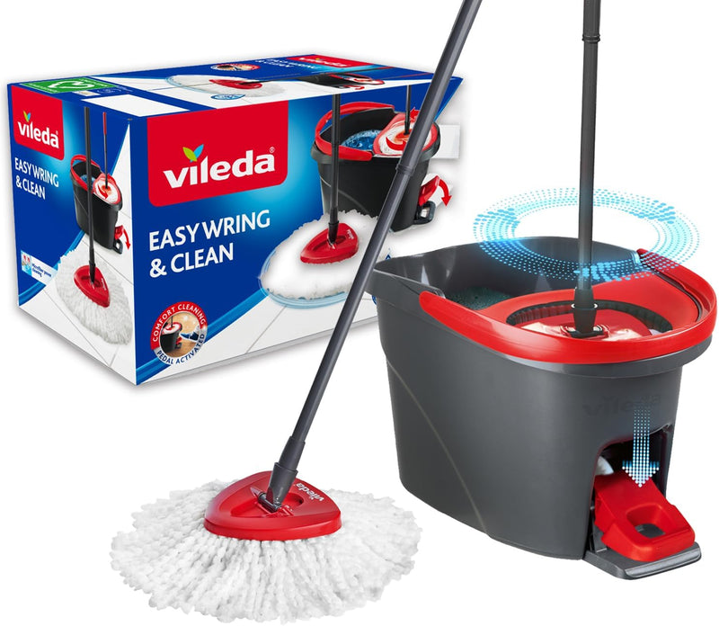 Vileda Easy Wring, Clean Spin Mop und Eimer Set mit Fusspedal, Teleskopstiel 85-123 cm, Bodenwischer