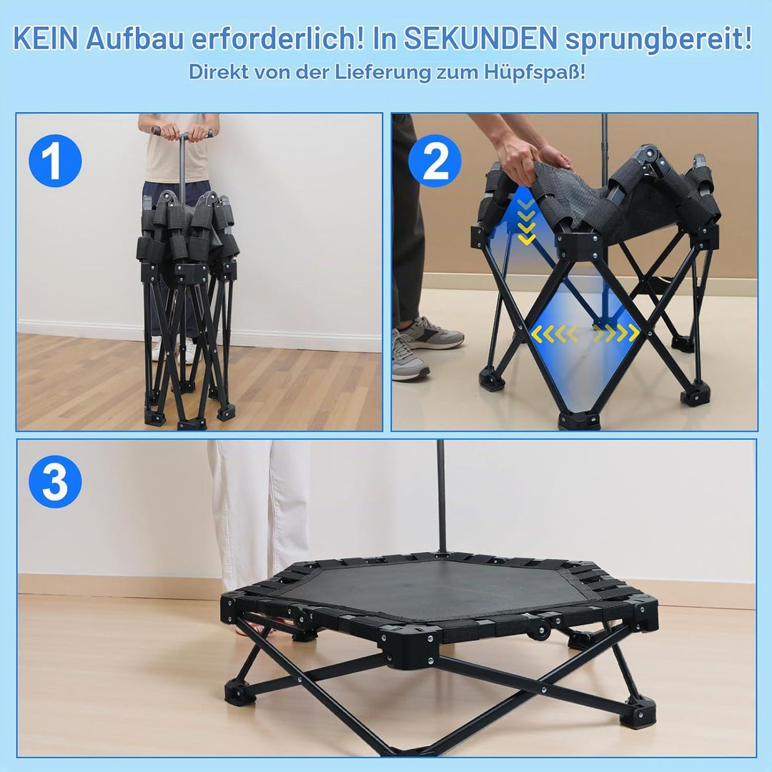 Mini Trampolin Klappbar, Fitness Trampolin Indoor mit Verstellbarem Griff, Minitrampolin für Erwachs