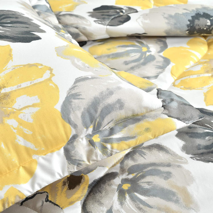 Lush Decor Leah Wende-Bettwäsche-Set, 6-teilig, King-Size, Gelb und Grau, grosse blühende Aquarellbl