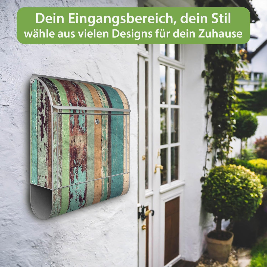 banjado® Design Briefkasten mit Motiv Bunte Bretterwand 39x47x14cm &amp; 2 Schlüssel - Briefkasten Stahl