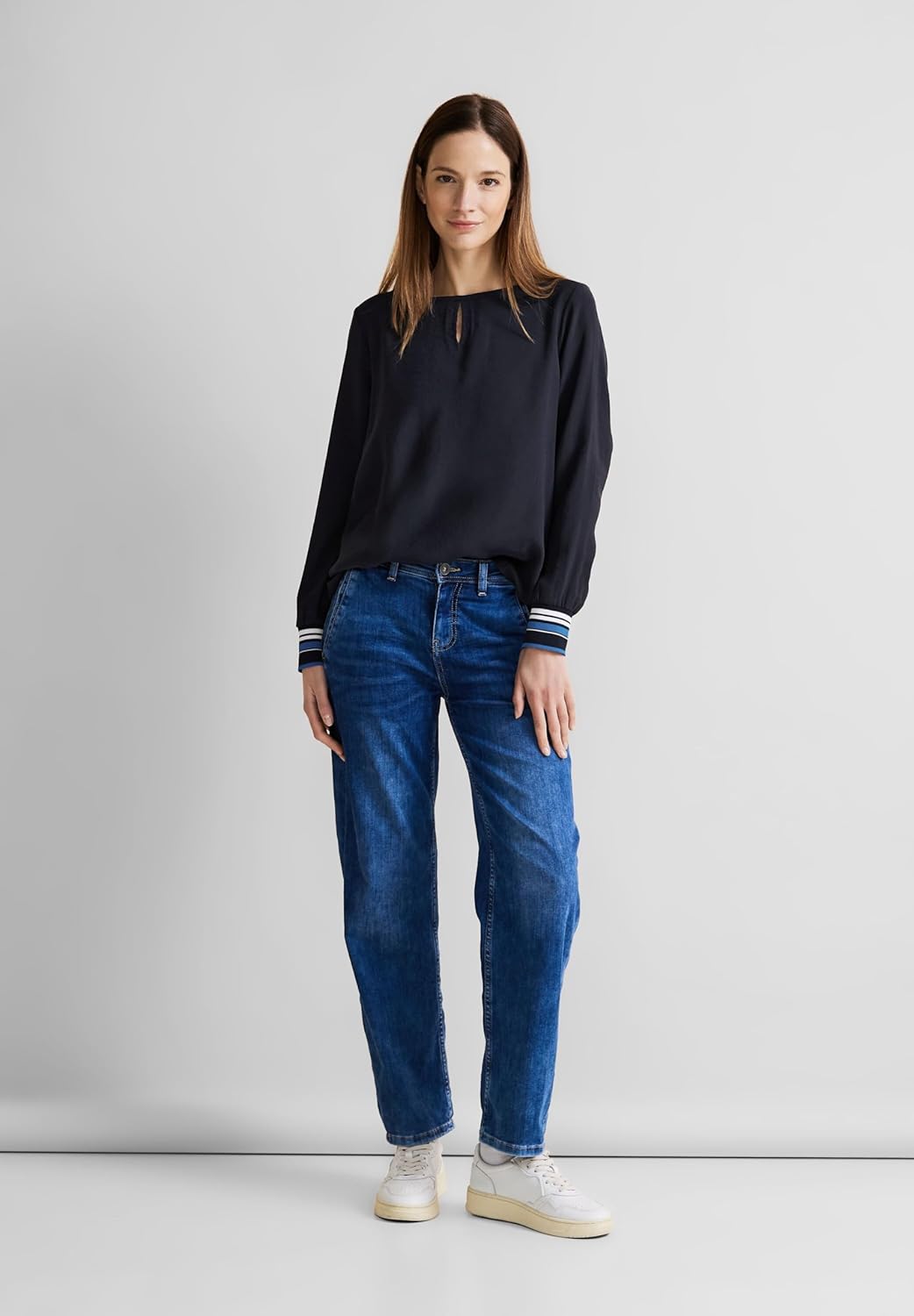 Street One Damen Materialmix Langarmshirt 46 Deep Blue (Blau), 46 Deep Blue (Blau)