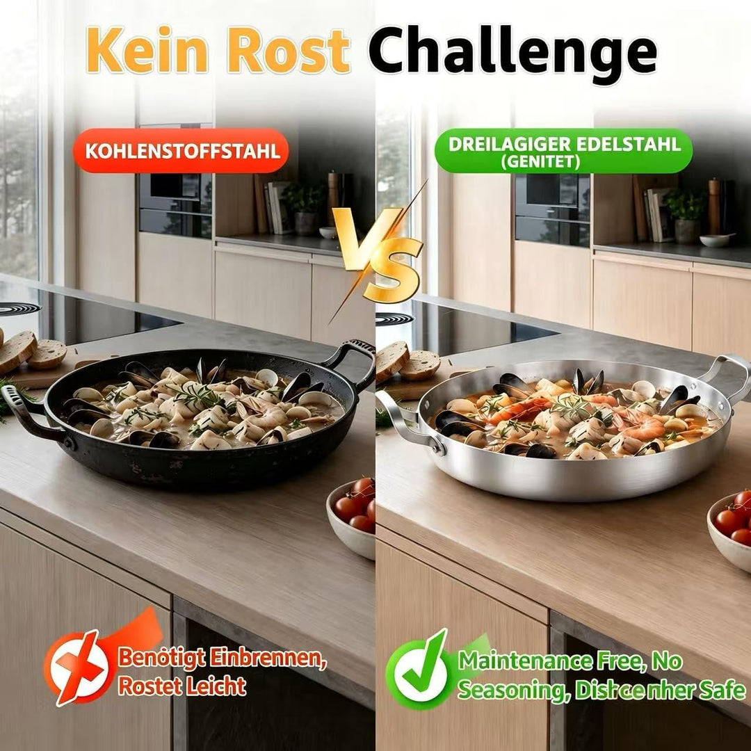 Inqibee Paella Pfanne 30 cm mit Deckel, Edelstahl Paellapfannen, Edelstahlpfanne Unbeschichtet, Stai