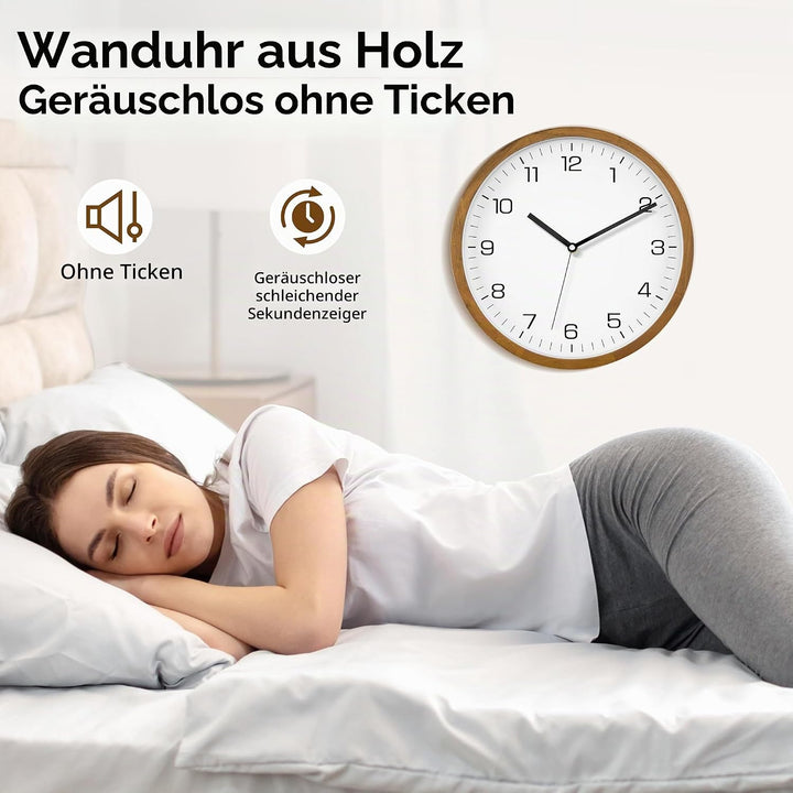 Foxtop Wanduhr Holz Ohne Tickgeräusche 30 cm Grosse Lautlos Wanduhr leicht zu lesen Rund Holzuhr für