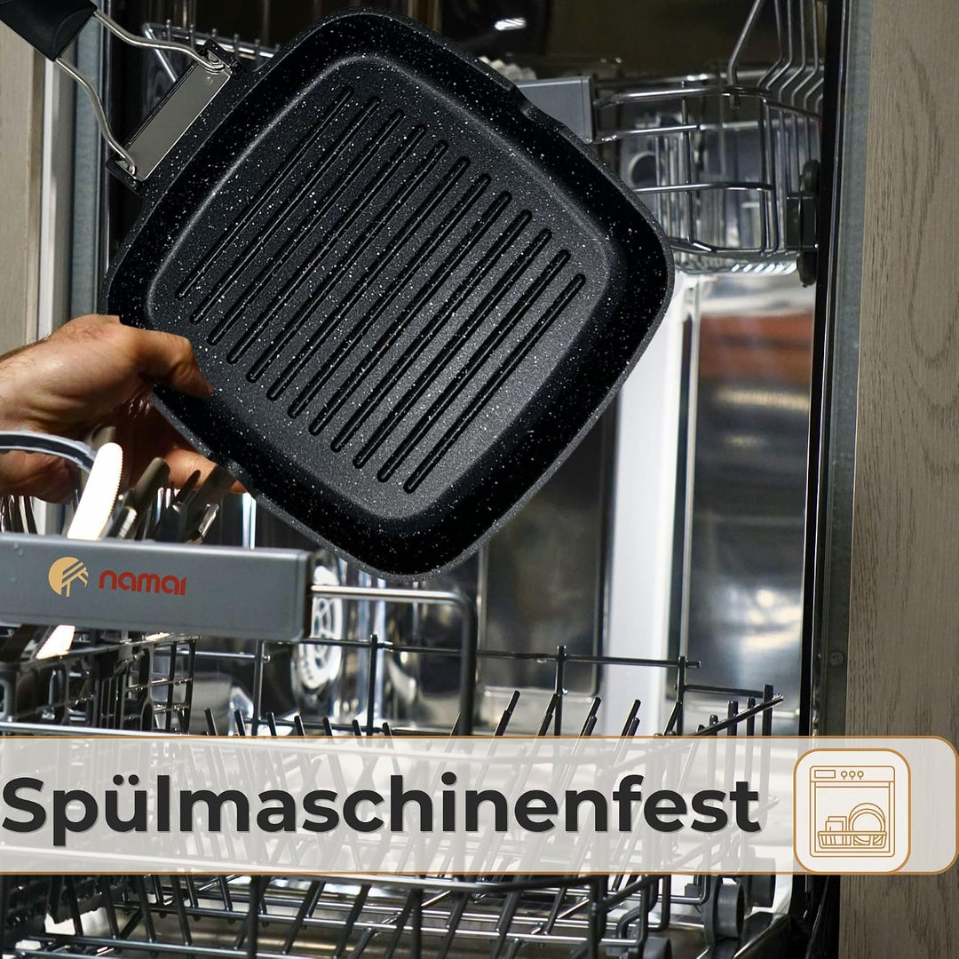 NAMAI - Grillpfanne Induktion 24 CM x 24 CM, Antihaftbeschichtung, Aluminiumdruckguss, Spülmaschinen