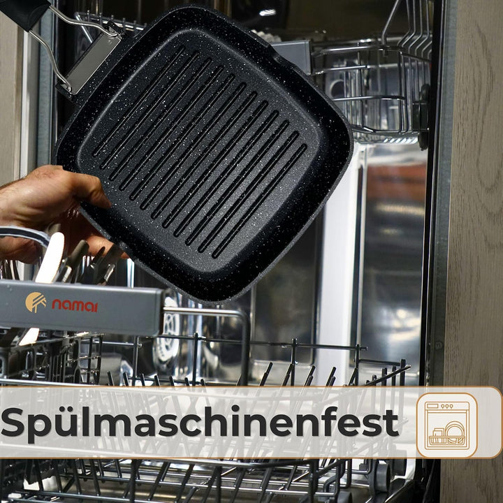 NAMAI - Grillpfanne Induktion 24 CM x 24 CM, Antihaftbeschichtung, Aluminiumdruckguss, Spülmaschinen