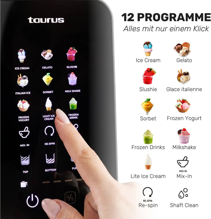 Taurus Gelato Flow Elektrische Eismaschine mit 12 Programmen und 3 Behältern | Verwandeln Sie natürl