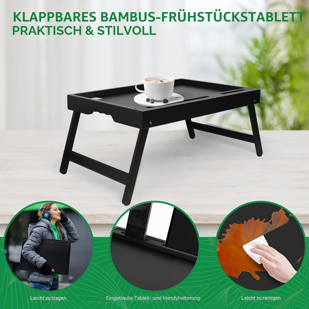Frühstückstablett mit Griffen, zusammenklappbare Beine, Bambus-Betttablett mit Medien-Schlitz, faltb