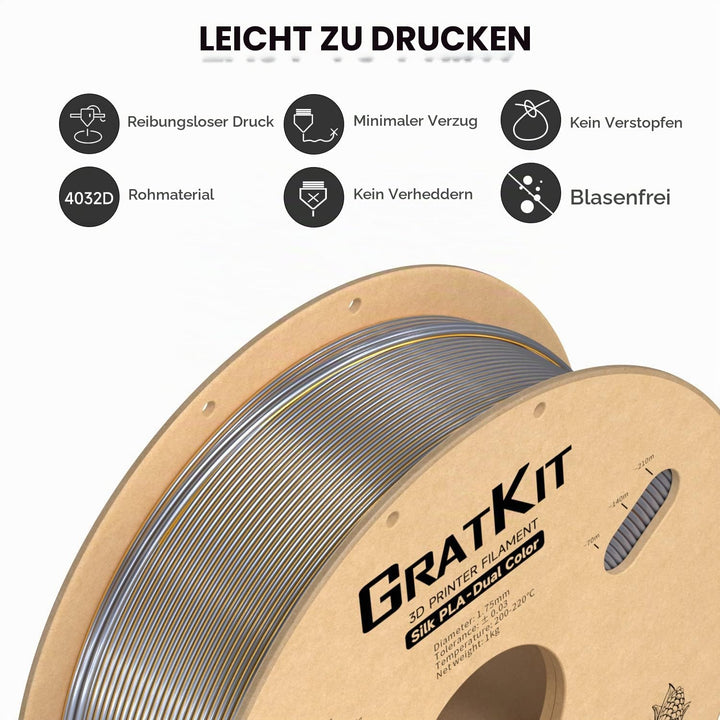 GratKit Dual Color Silk PLA Filament 1,75mm 1kg Spule, Zweifarbiges 3D-Drucker Filament mit +/-0,03m