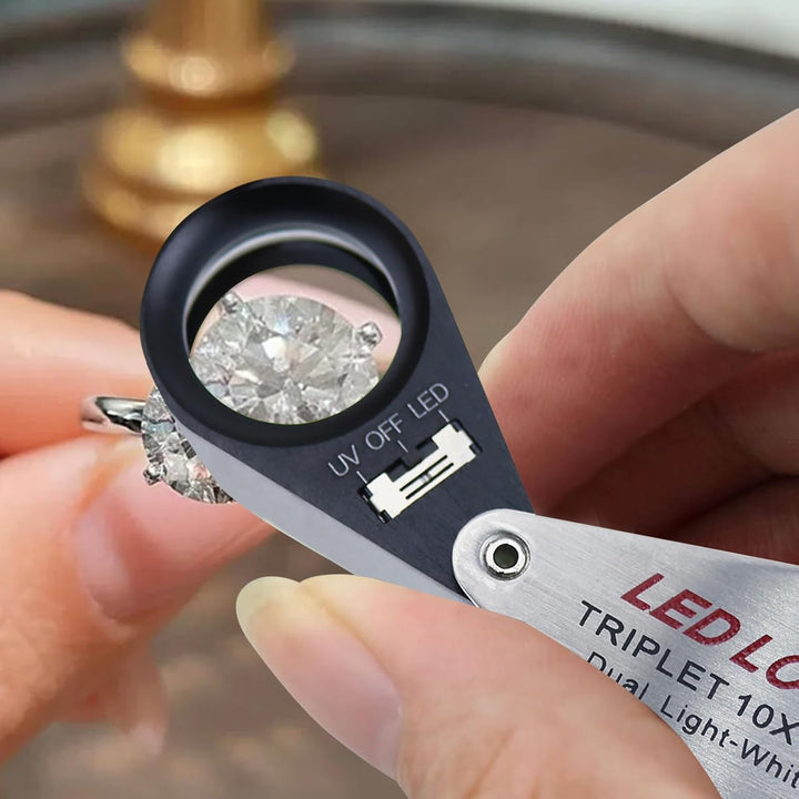 Juwelier Lupe 10X mit LED &amp; UV Licht 21mm Triplet Linse für Kristallklar Sicht - Professionelle Lupe