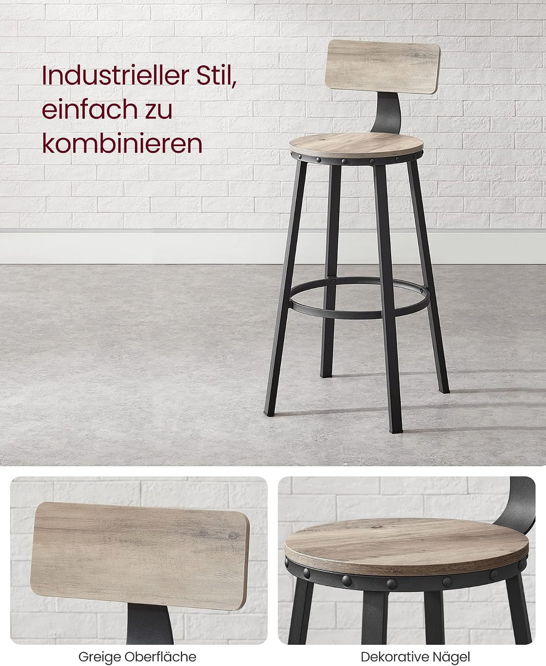 VASAGLE Barhocker, 2er Set, Barstuhl, Küchenstuhl mit Metallgestell, Sitzhöhe 73 cm, einfache Montag