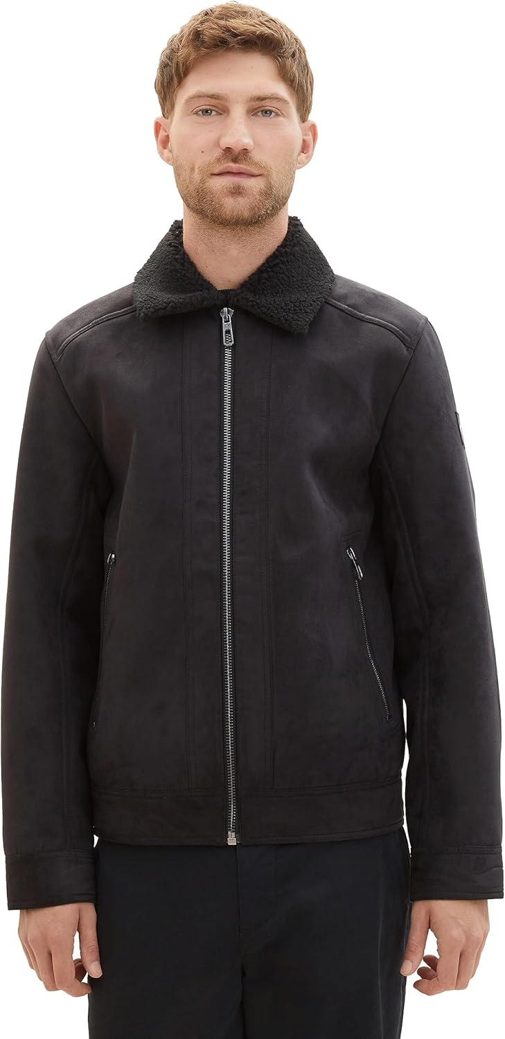 TOM TAILOR Herren Fake-Lederjacke mit Teddy-Kragen S 29999 - Black, S 29999 - Black