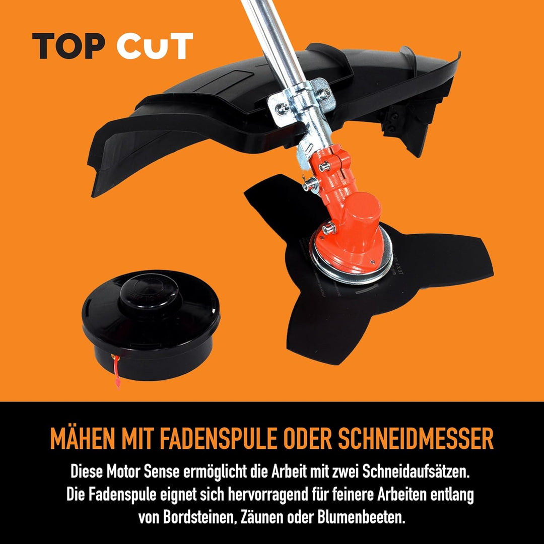 TOP CUT Benzin Motorsense 51,7 cm³ -2-Takt - Freischneider & Rasentrimmer mit Messer - Fadenspule un