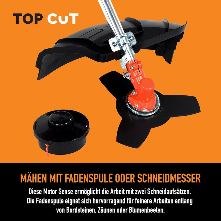 TOP CUT Benzin Motorsense 51,7 cm³ -2-Takt - Freischneider & Rasentrimmer mit Messer - Fadenspule un