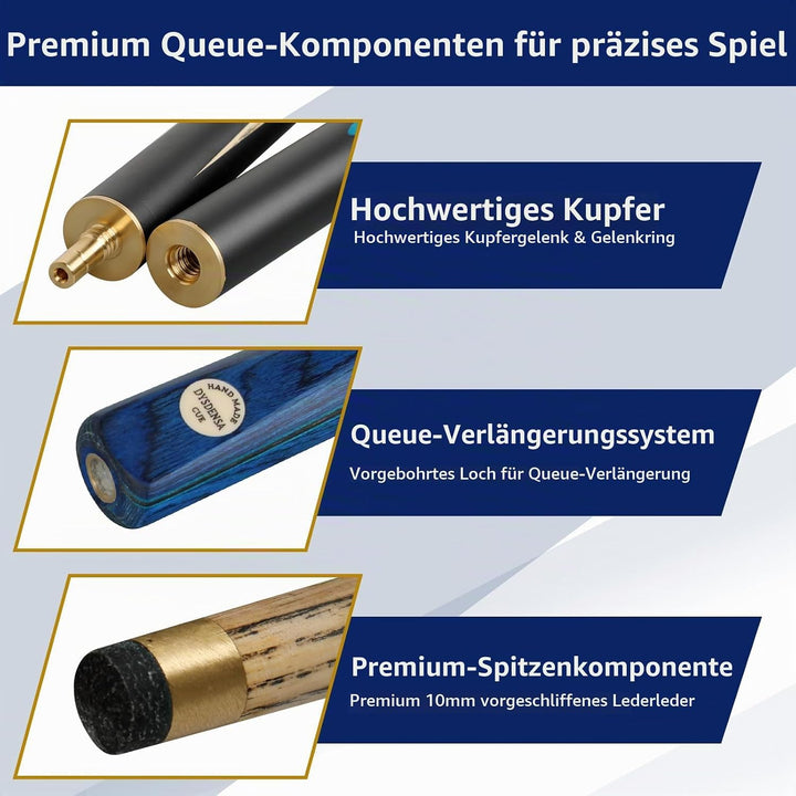 57 inch Premium Ash Wood Snooker Cue with Extension,18 oz weight, 10mm Leather Tip, 3/4 Design, Comp