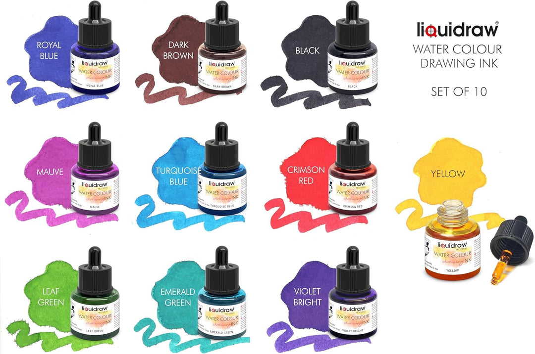 Liquidraw Aquarell-Zeichentinte, Set mit 10 verschiedenen Farben, 35-ml-Flaschen mit Tintentropfer,