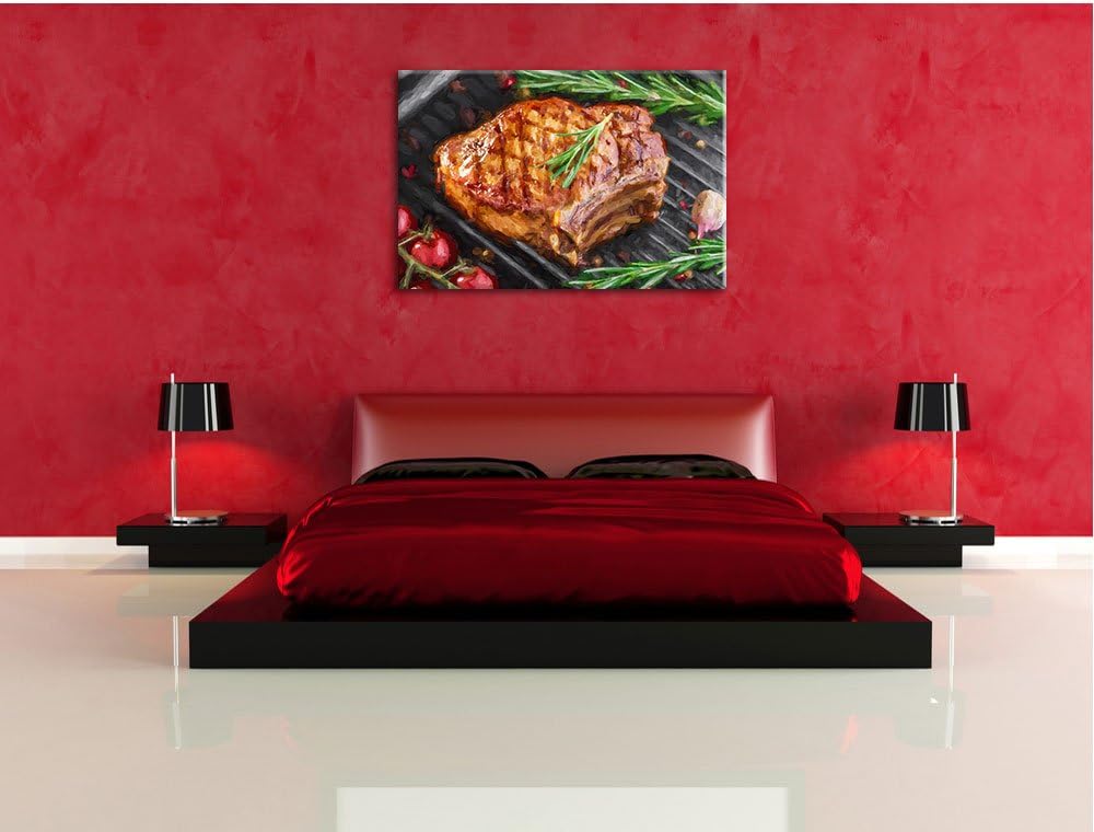 Pixxprint gegrilltes Steak mit Rosmarien garniert Pinsel Effekt, Format: 100x70 auf Leinwand, XXL ri