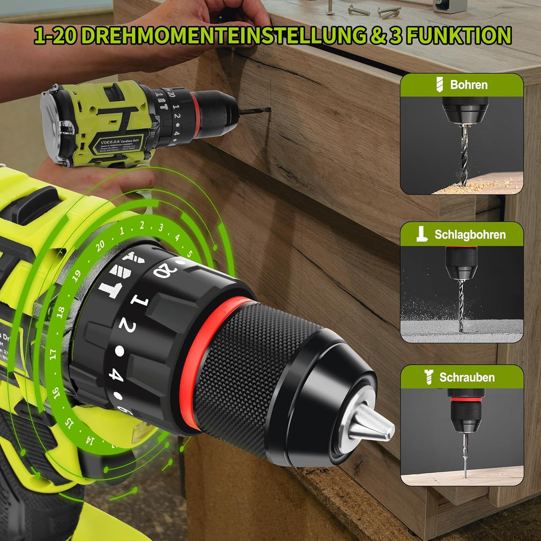21V Akkuschrauber Set, Bürstenlose Akku bohrhammer mit 2*2000 mAh Akku, 3/8" Bohrfutter, 20+3 Drehmo