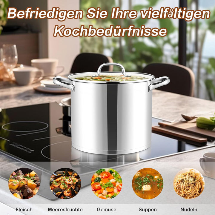 Joyfair Topf Kochtopf, 9,5 Liter Edelstahl Gross Topf Induktion mit Glasdeckel, 3 Lagen Stabiler Bod