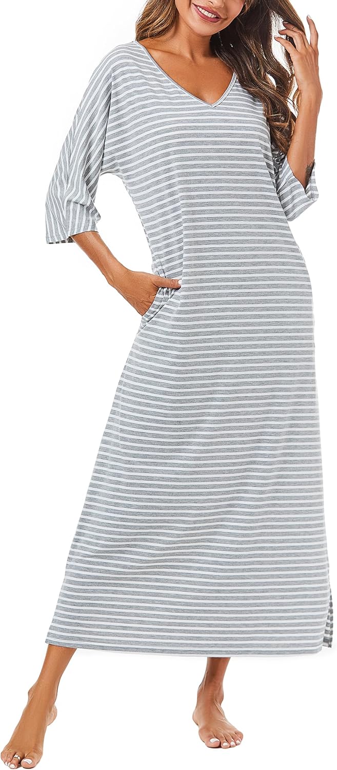 Uniexcosm Nachthemd Damen Lange Baumwolle 3/4 Ärmel Nachtkleid Nachtwäsche V-Ausschnitt Freizeitklei