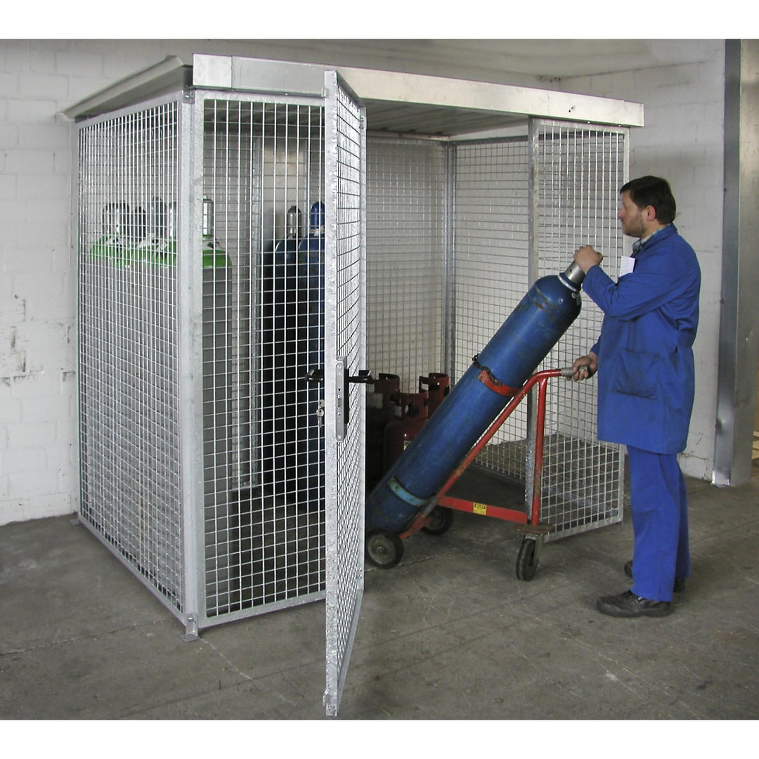 Bauer | Gasflaschen-Gittercontainer | mit Dach und Einflügeltor | BxT 2400 x 1500 mm