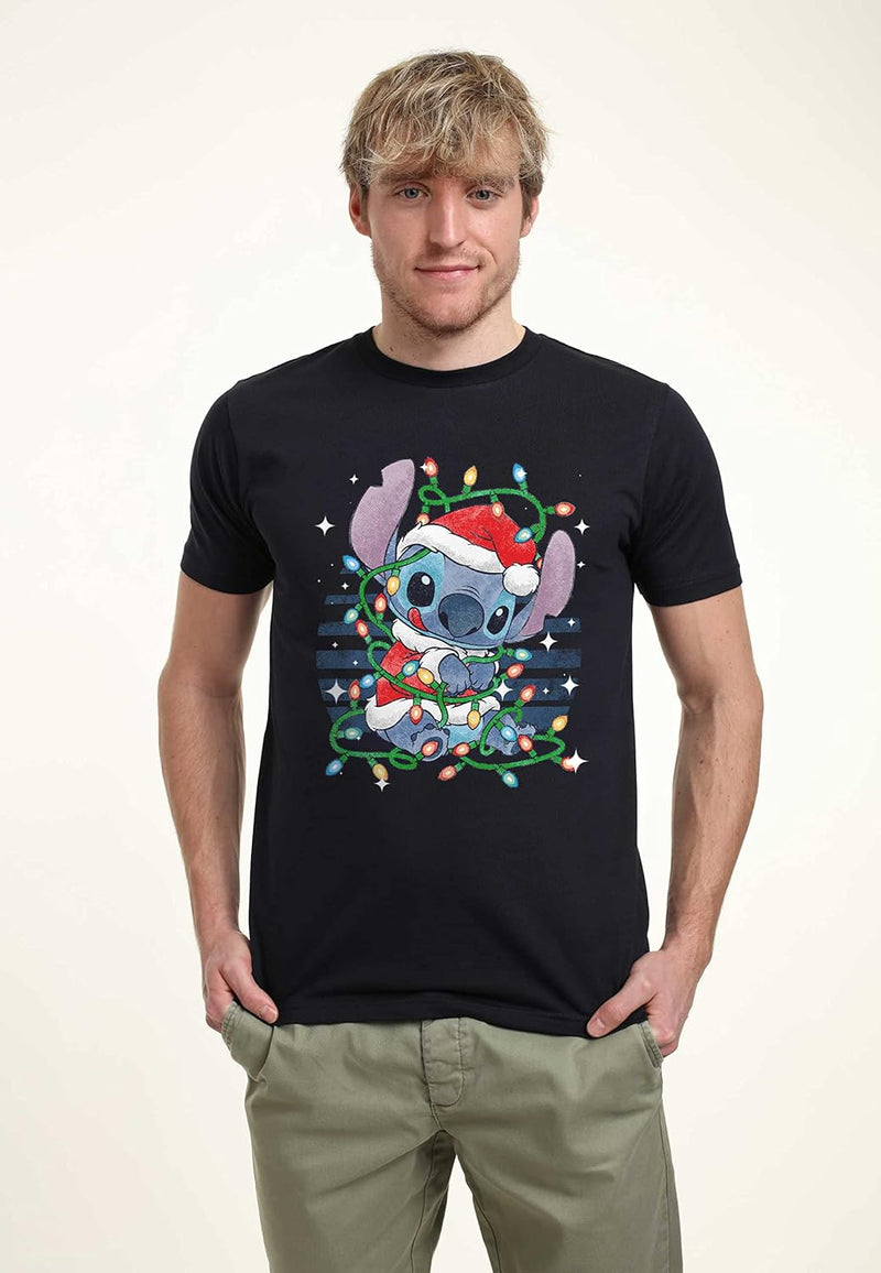 Disney Classics Unisex Lilo & Stitch-Stitch Xmas Lights Organic Short Sleeve T-Shirt, Navy Blue, XL