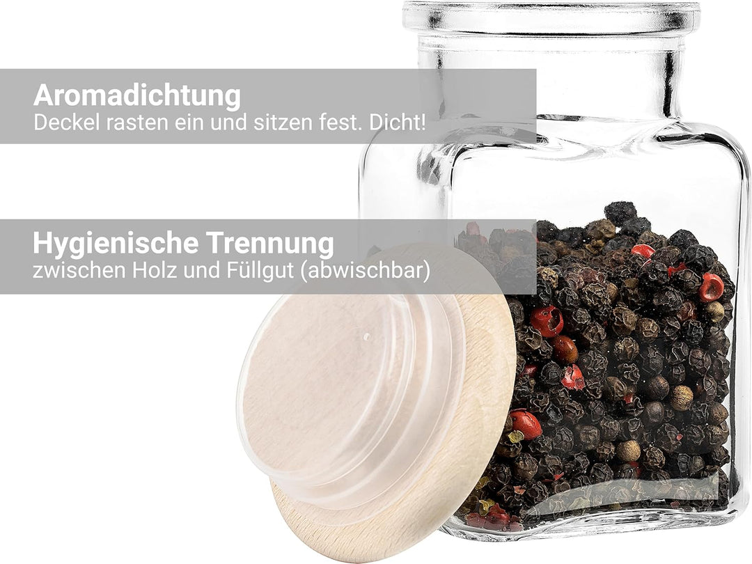 GIESSLE® 15 Gewürzgläser mit MASSIVHOLZ Deckel (ohne Leim) und 97 abwischbaren Etiketten im Set