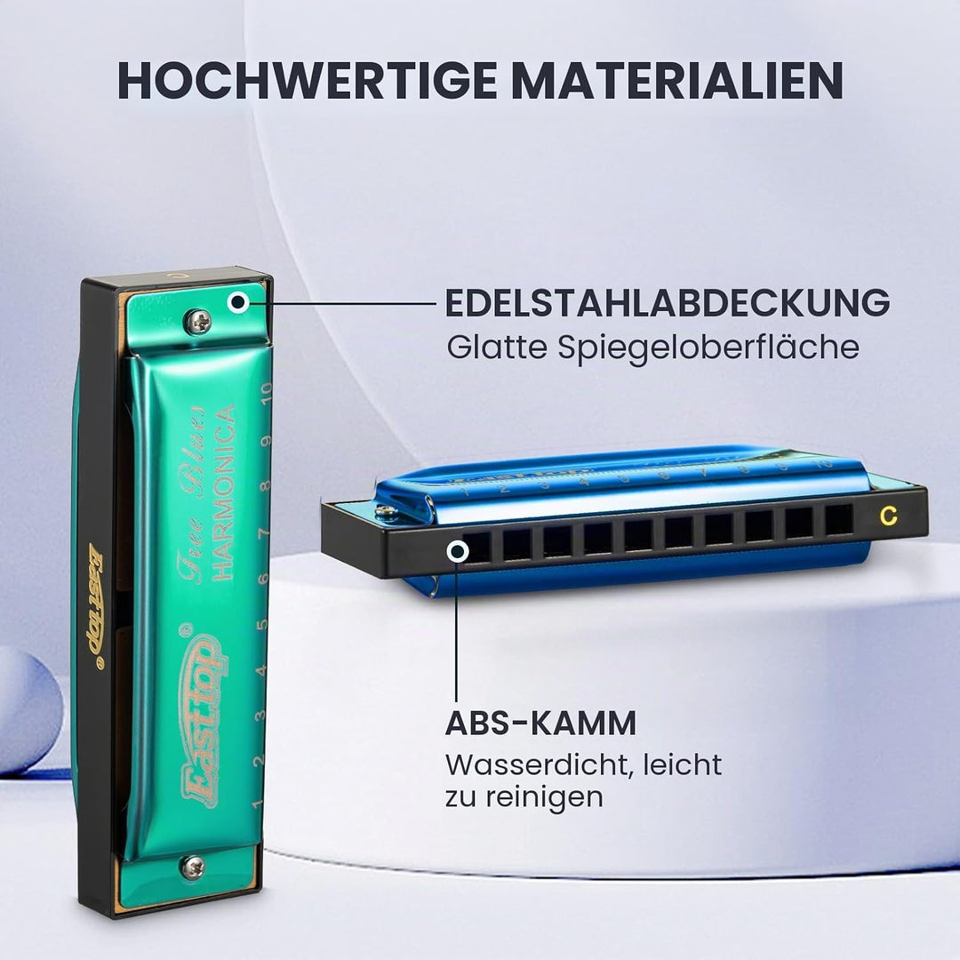 East Top 7 Tasten Mundharmonikaset verpackt, 10 Löcher T003 Professional Diatonic Blues Harmonica se