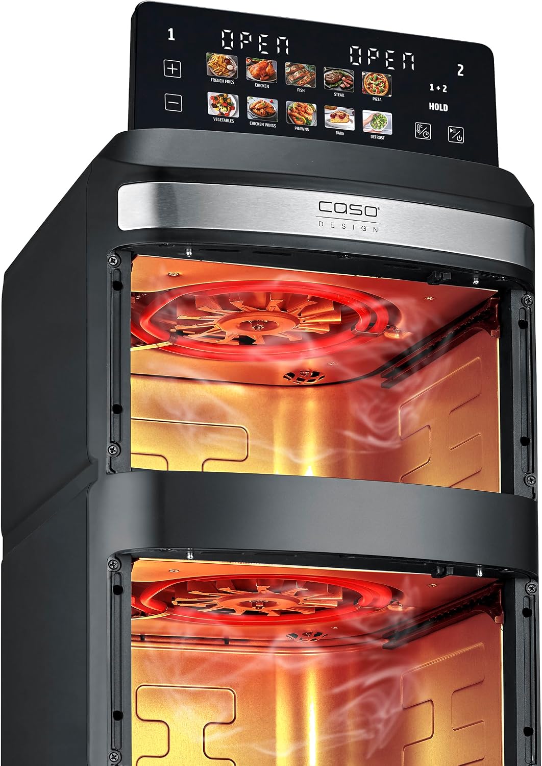 CASO AirFry Duo Tower, Doppel-Heissluftfritteuse, AirFryer, 12,4L (2x 6,2 L) vertikal, individuell e