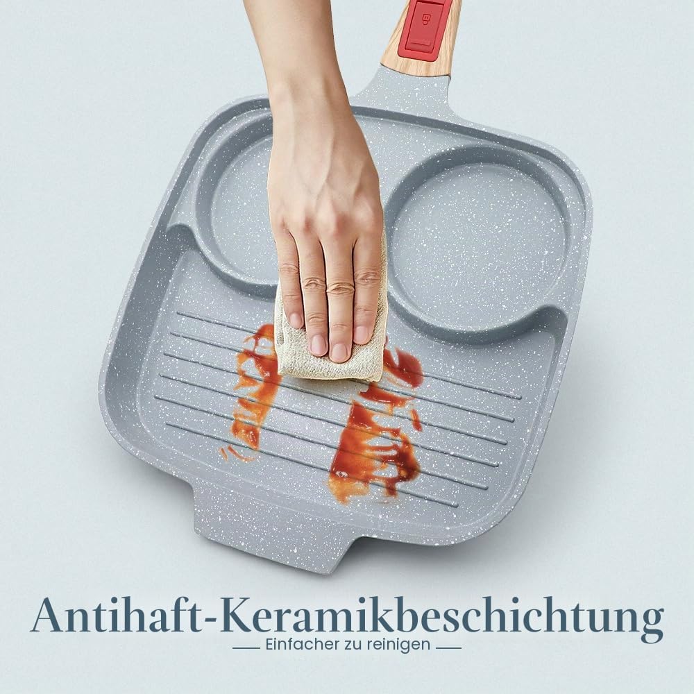 Spiegeleipfanne mit Deckel 3 Loch, 26cm Antihaft Keramikbeschichtung Grillpfanne Dreigeteilt Pancake